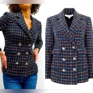 Veronica Beard Rumer Dickey Blazer Jacket 10 Tweed Double Breasted Navy Check